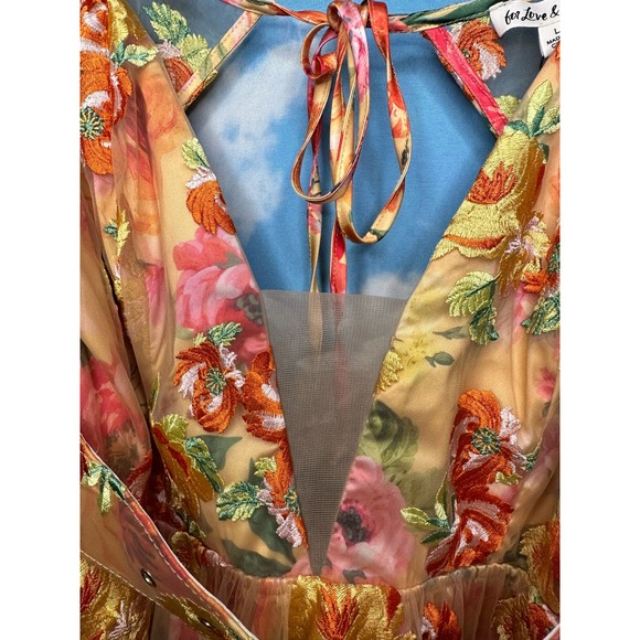 For Love & Lemons Floral Mini Dress Large Golden Yellow Plunge Short Sleeve Nwt - Picture 6 of 15